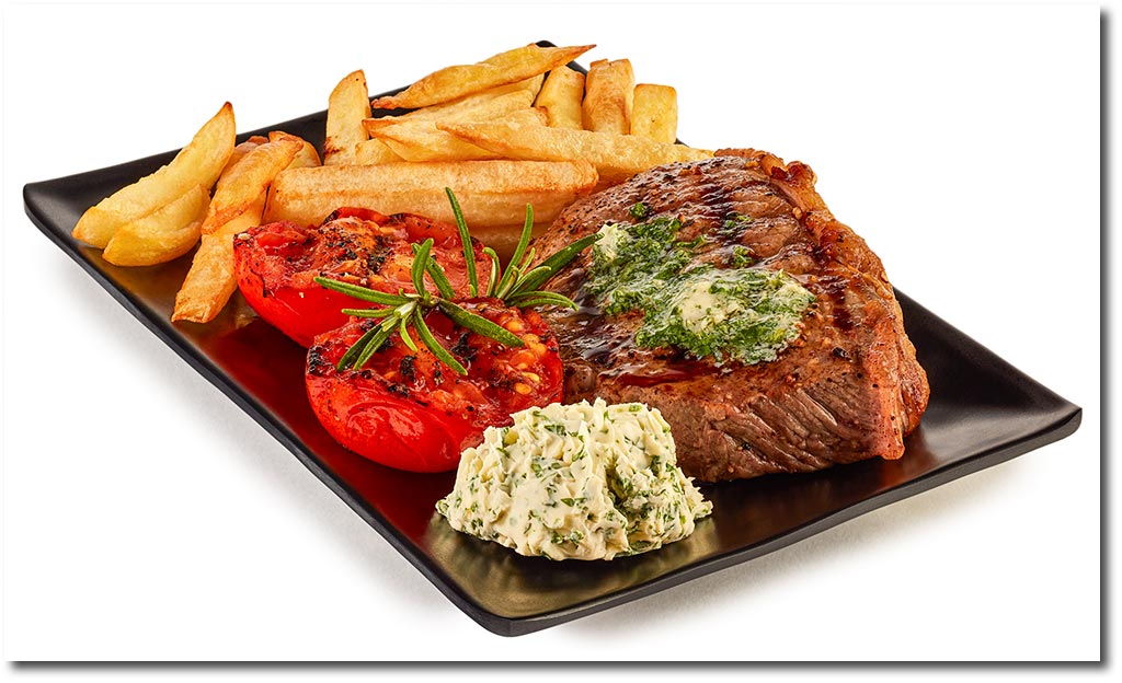 Steak mit Kruter Butter und Pommes