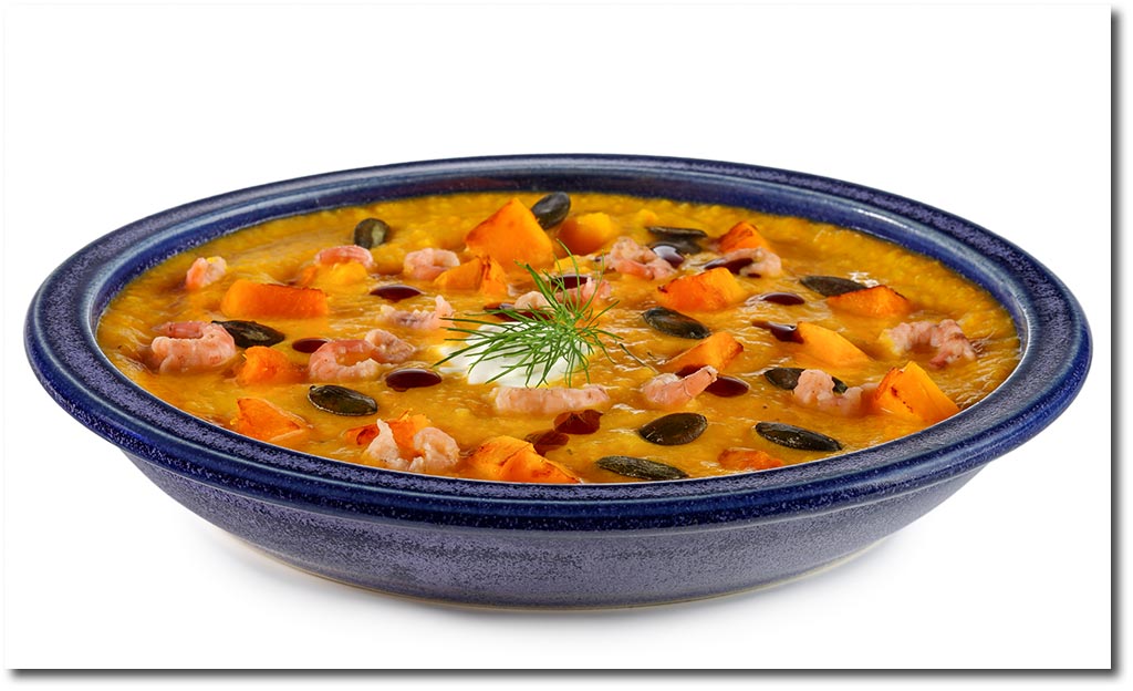 Krbis Suppe mit Krabben und Meerrettich